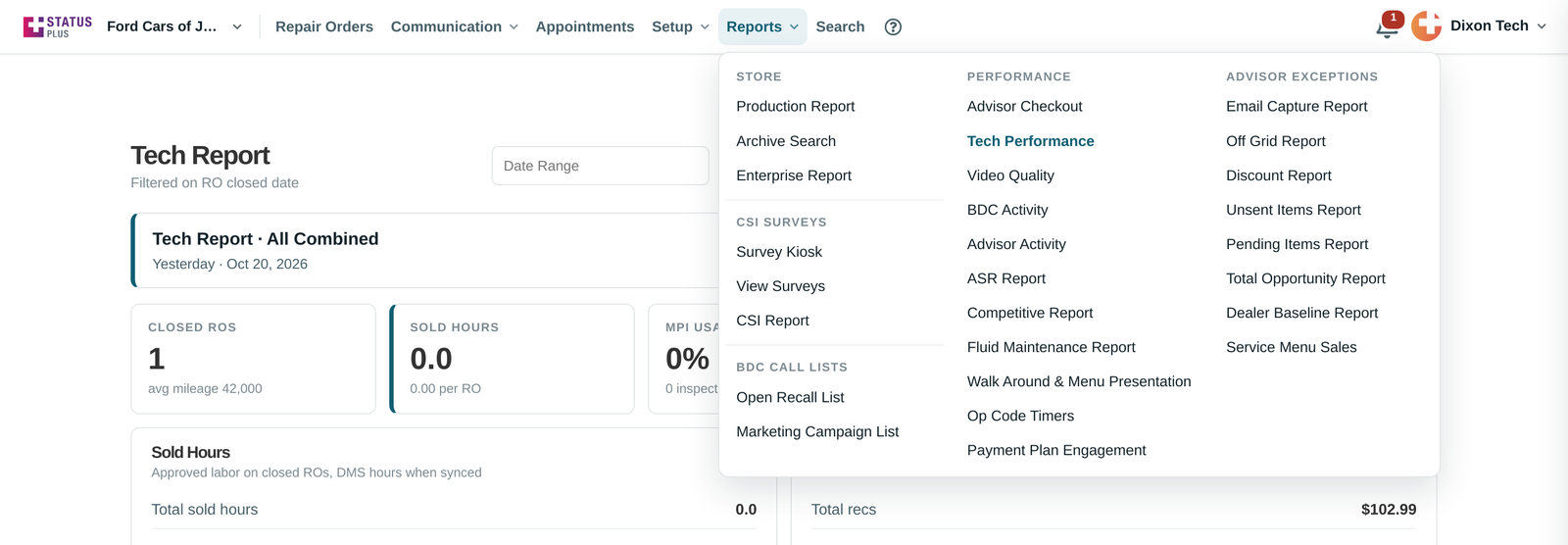 Reports menu
